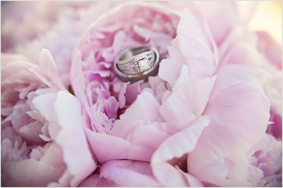 wedding rings on pink peony brides bouquet