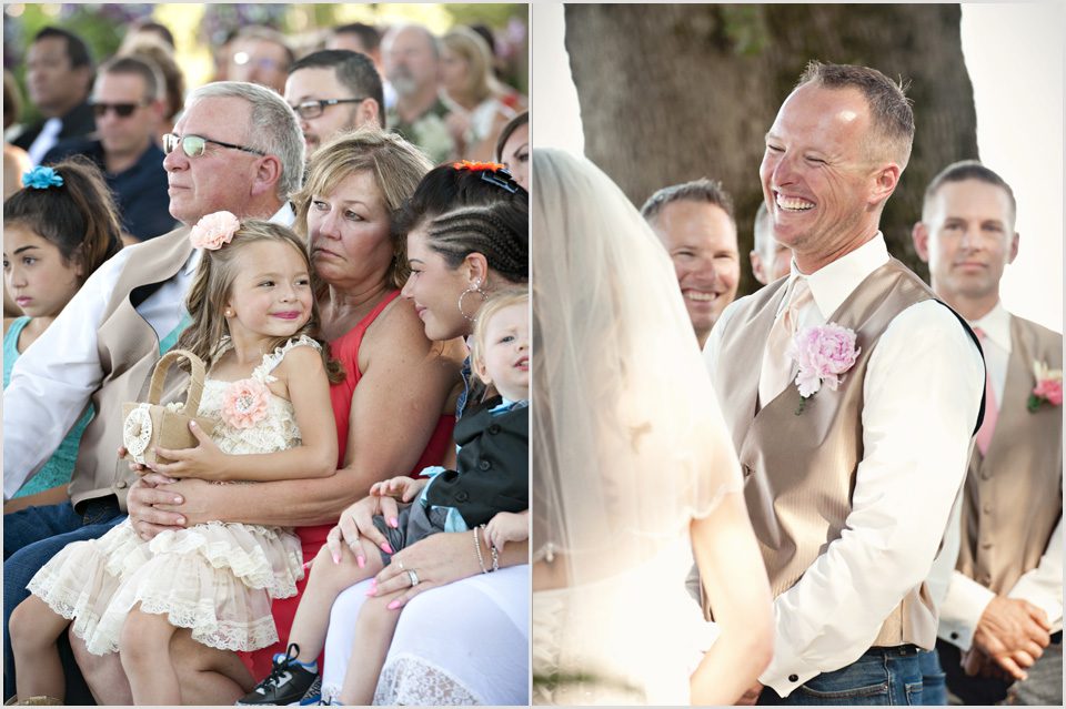 groom laughs during wedding ceremony and flower girl is happy
