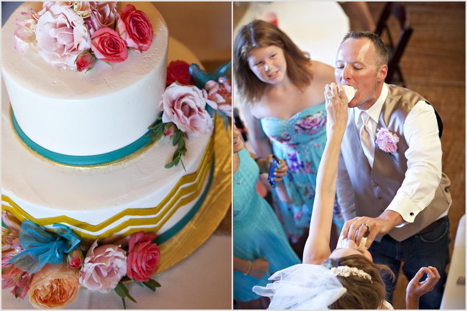 bride and groom feed wedding cake to each other
