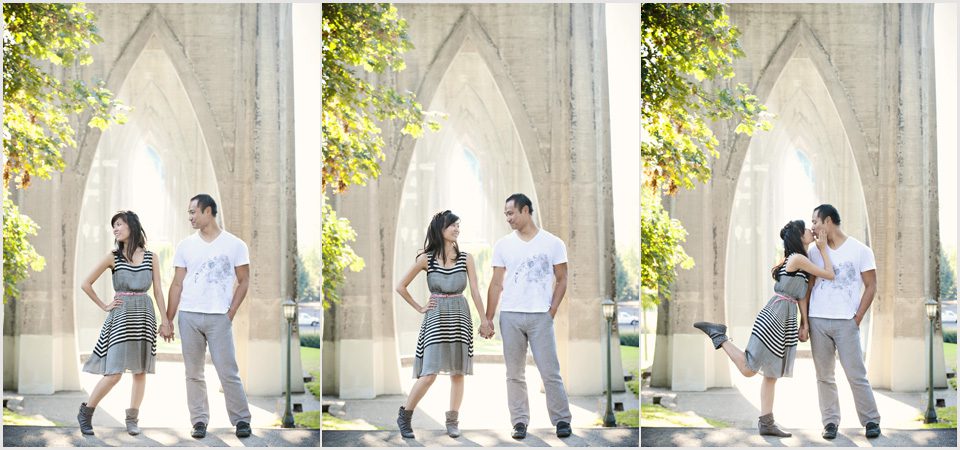 series of a couple under the St. John's bride at Cathedral Park in Portland