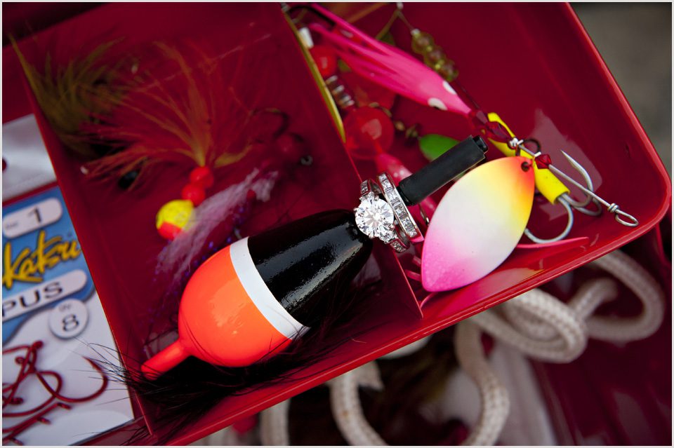 brides engagement ring in tackle box