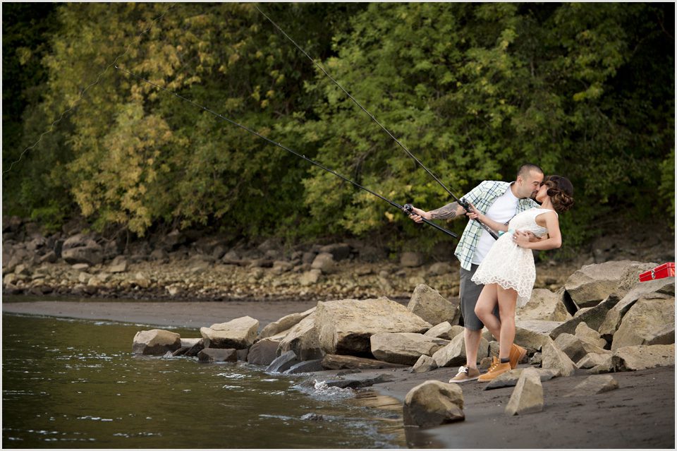 couple kiss while fishing