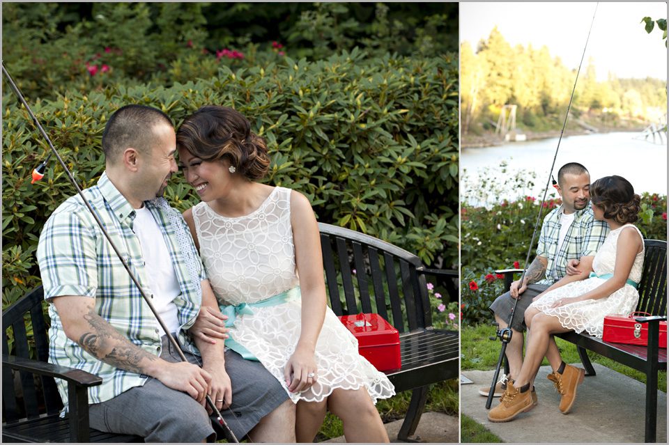 couple laughs on a bench in Lake Oswego