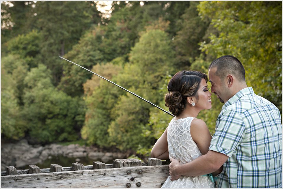 engaged couple have a romantic moment in Lake Oswego