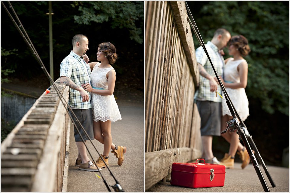 engaged couple with fishing poles