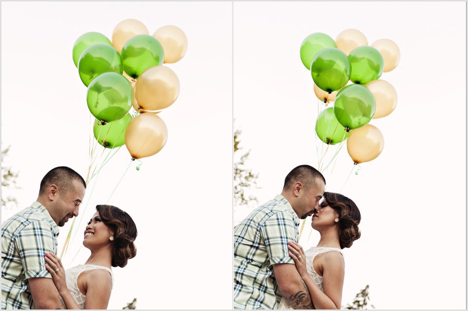 couple kisses during engagement session with balloons
